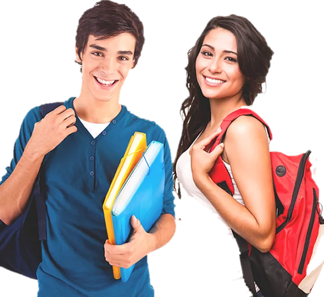 Dos estudiantes con mochila y carpetas